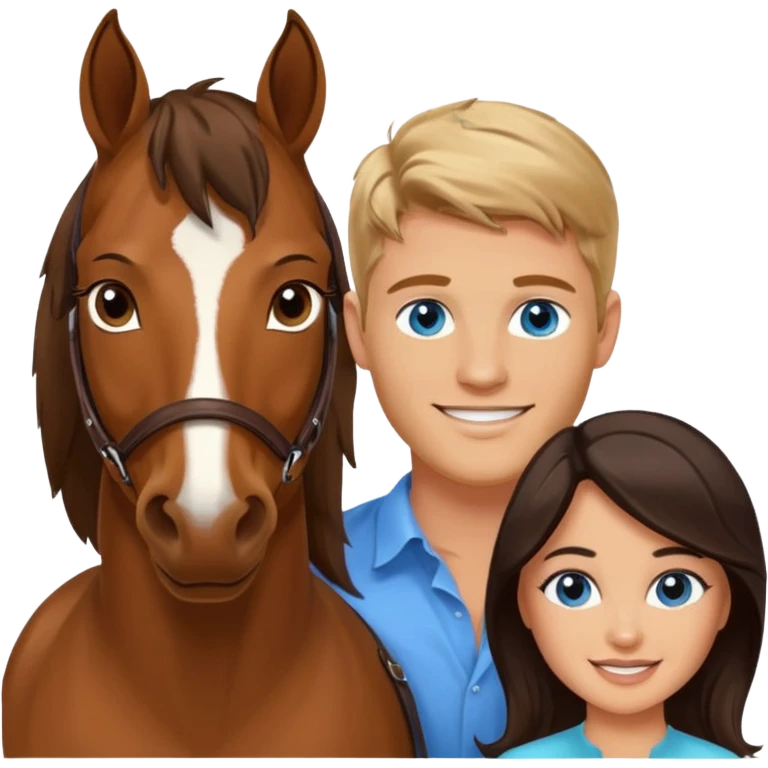 Smiling blue eyed trevor donovan with smiling brown eyed danica mckellan and brown horse emoji