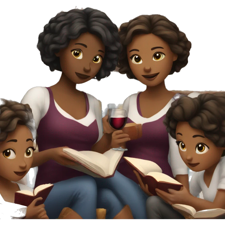 group of girls with wine reading books emoji