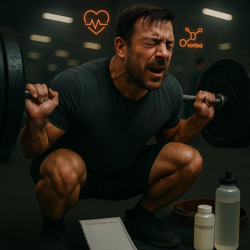 Add floating icons above the subject's head indicating high RPE and slightly elevated cortisol levels, maintaining the cinematic style and original color palette. emoji