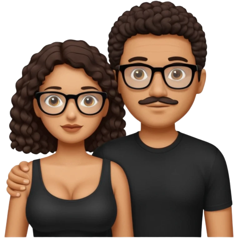 A picture of a tanned couple. the man is a Mexican man with tanned skin, with a bald hair cut, short beard and wearing a black shirt. the woman is wearing rectangle shaped glasses, with long curly dark brown hair and with big boobs  emoji