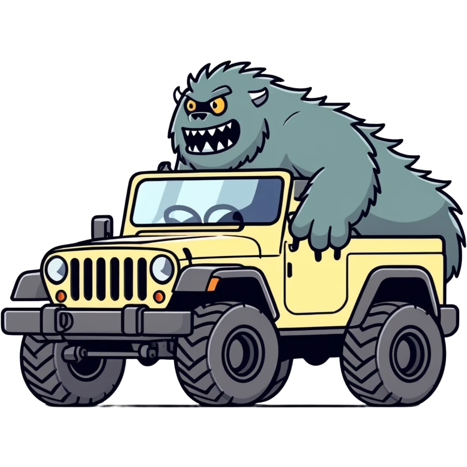 The monsters Inc. big hairy monster driving a black Jeep ￼ emoji
