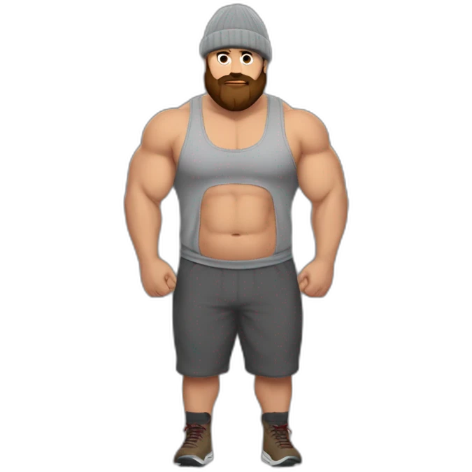 Fat Muscle builder in grey sweats no shirt brown and brown beard Red winter hat drinking emoji