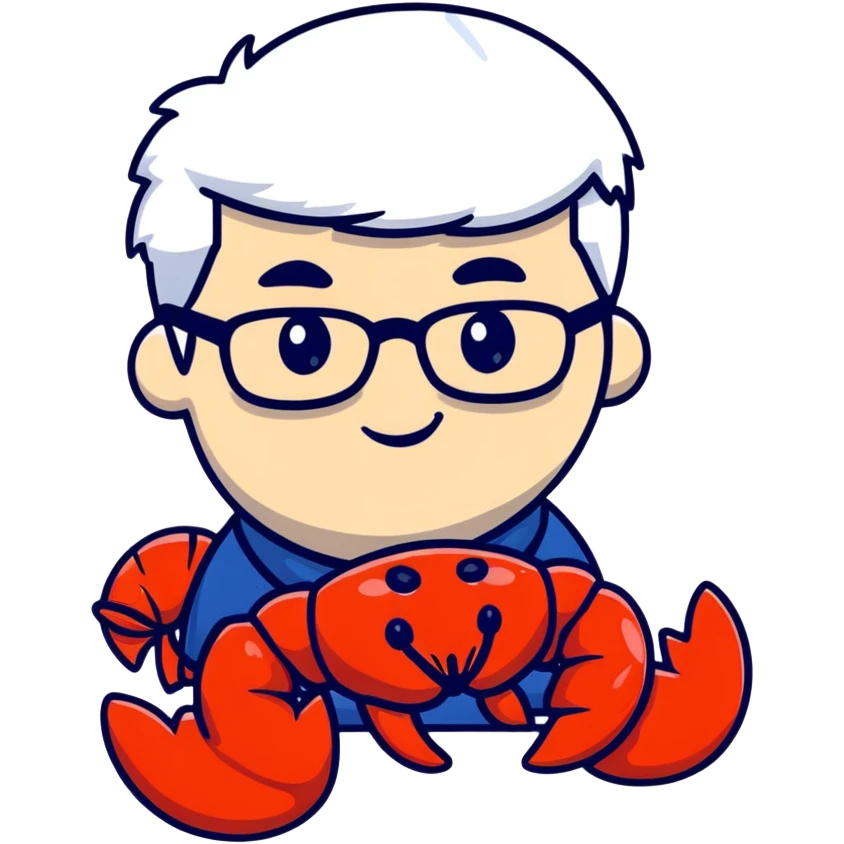 senior lobster with white hair and glasses, elderly lobster character with white eyebrows and whiskers, wearing round glasses emoji