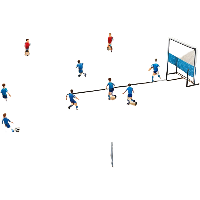 A mini-football match in an indoor sports hall with wooden flooring and clear field markings. The scene shows a vibrant game in action, with players positioned on the court, the goalposts visible, and the atmosphere filled with energy and focus. emoji