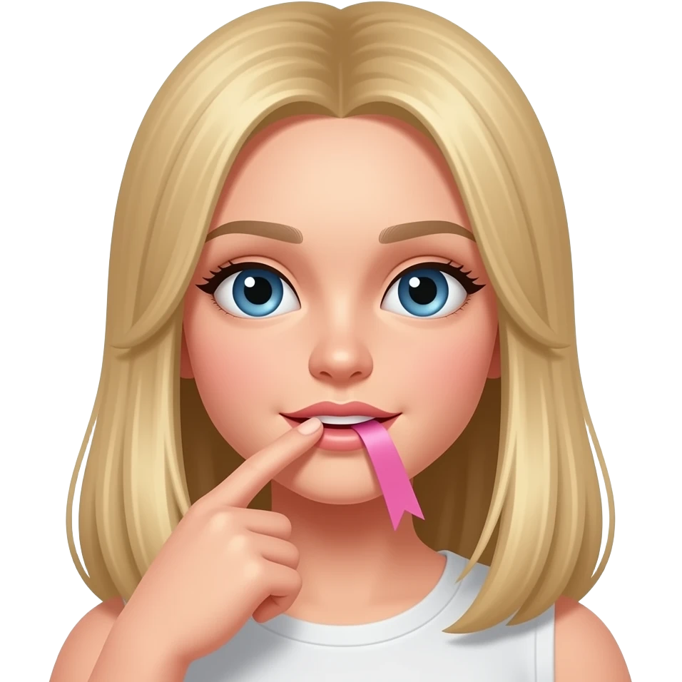 que se muerda el dedo la chica un poco mar realista el pelo rubio y largo lacio nariz perfecta y el lazo rosa el  dedo un poco mas a dentro de la boca emoji