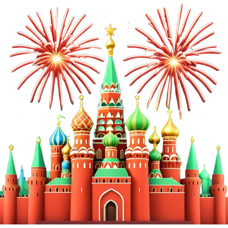 Apple style 3D emoji of New Year fireworks over Moscow. Vibrant multi-colored sparkling bursts (red, gold, green) in the sky. Below, a simplified glossy 3D silhouette of the Kremlin towers with glowing red stars. 
в более пастельных оттенках emoji