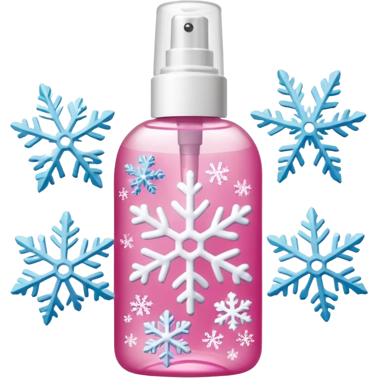 pink body mist bottle with white snowflakes emoji