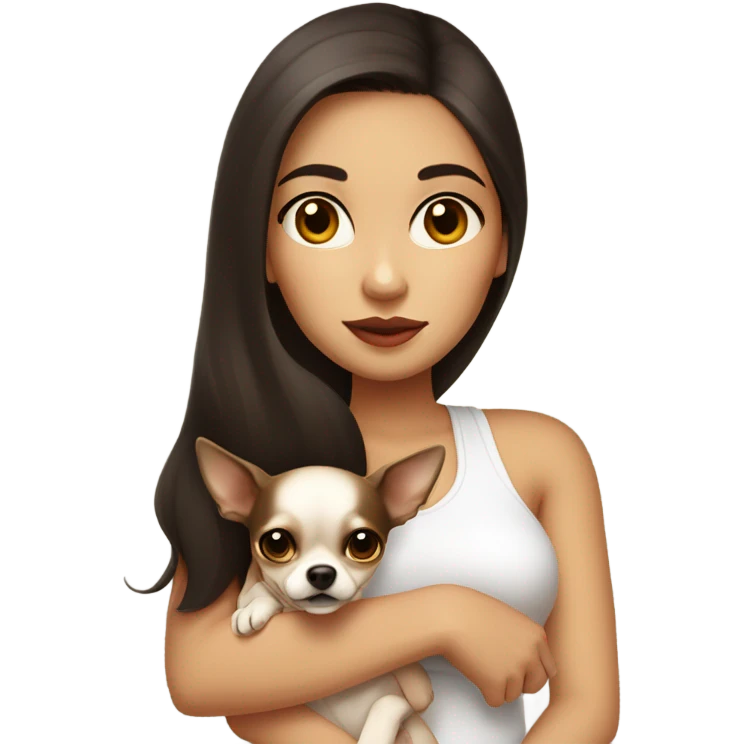 A girl with long, dark brown hair, big dark brown eyes, and very big lips. She is wearing a white singlet top and holding a small chihuahua in her arms that is a 100% light yellow colour  emoji
