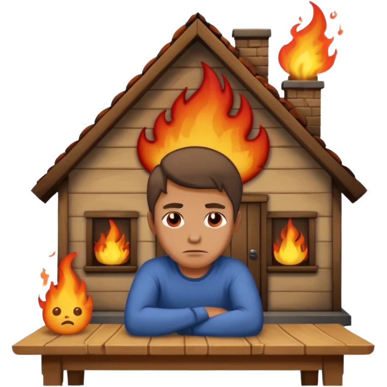 a man sits sadly at a table, a house with dramatic flames and smoke behind him, apple style emoji emoji