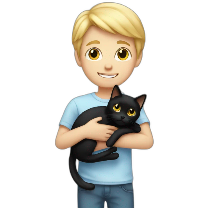 Boy with blonde hair holding a black cat emoji