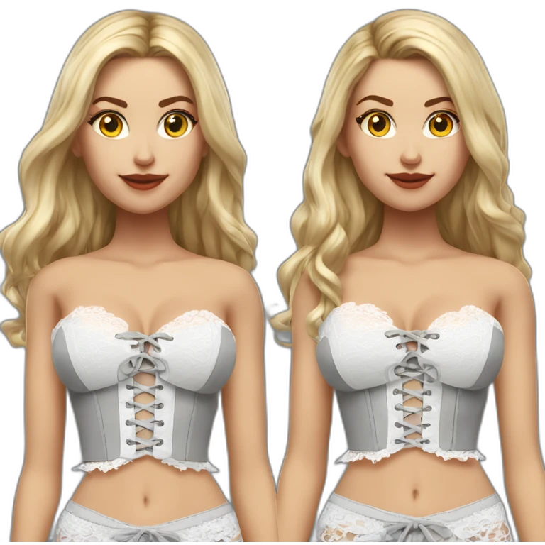 hyperrealistic caucasian blonde female, long straight hair, white lace-up crop bustier, grey tight mini skirt, full view emoji