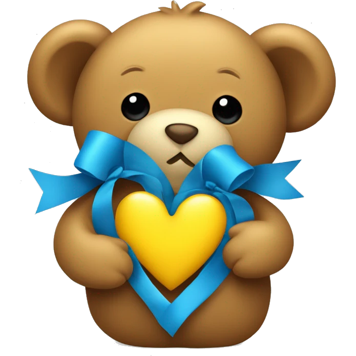 teddy bear hugging a yellow heart and the heart has a blue bow on it emoji