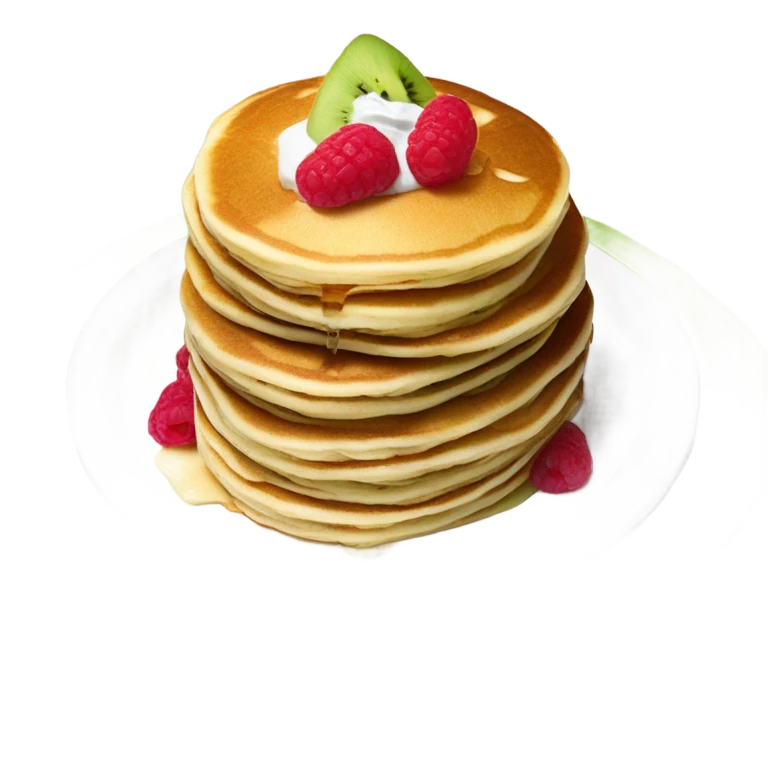 three pancakes with sour cream on top, raspberry jam and kiwi slices in a white plate emoji