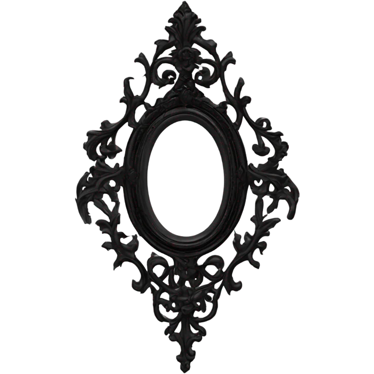 "Design a Victorian Gothic mirror with an ornate black frame featuring scrollwork and filigree. Include accents of dark red and burnt pink. The mirror glass should be gray, creating a mysterious and somber look." emoji