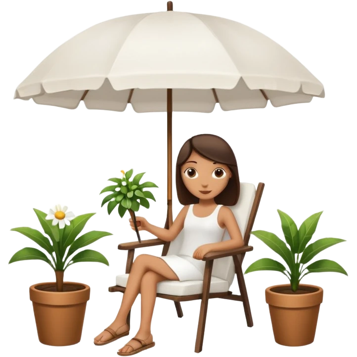 уличное кресло, зонт от солнца и небольшое растение в горшке. emoji