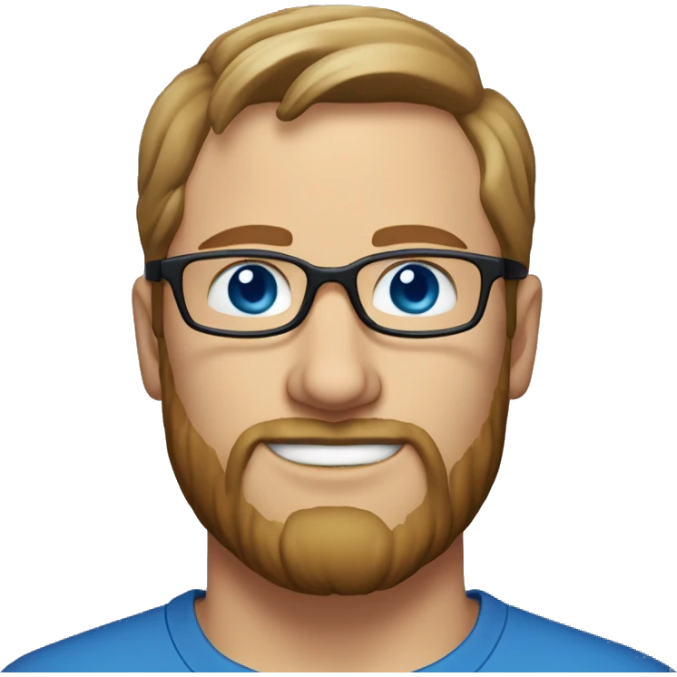 A head and shoulders shot of a 35 year old White man, with short brown hair, with beard facial hair,  wearing glasses with blue eyes wearing a t-shirt. emoji