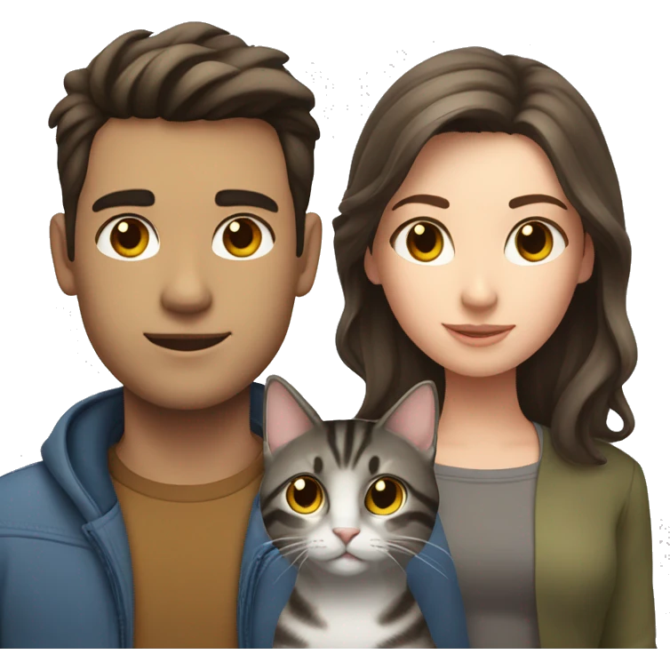 a brunette guy with fair skin, next to him a brunette girl with fair skin and between them a gray tabby cat emoji