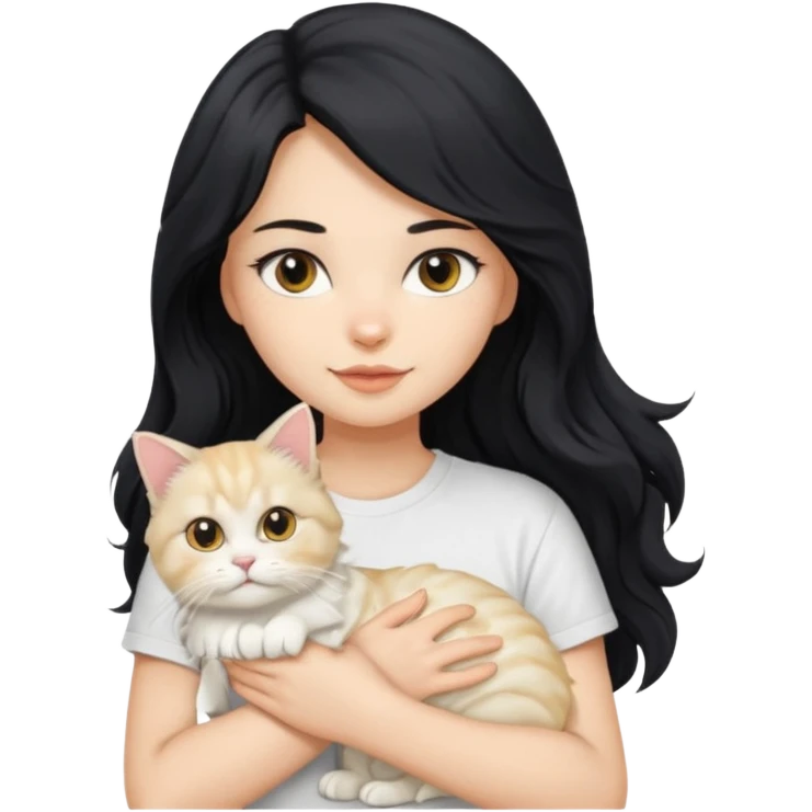 a girl with long wavy black hair using a white t-shirt holding a blonde persian cat emoji