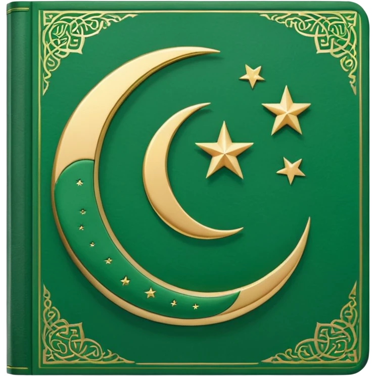 Closed Quran with the Islamic Symbol on it (moon and star) green from left to right emoji