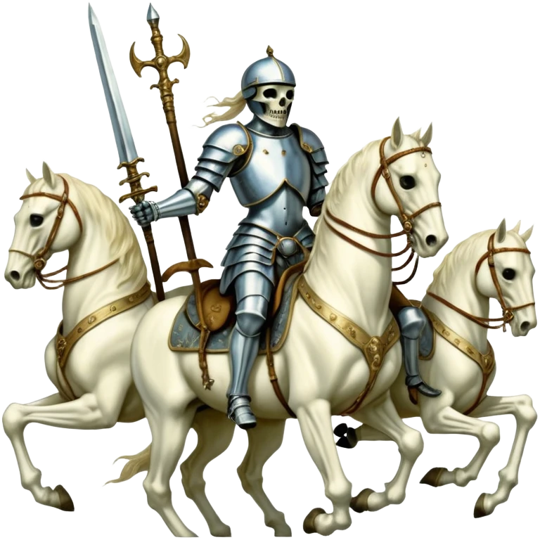 aesthetic shiny glowing divine lighting, oil paint - ivory The Four Horsemen of the Apocalypse, based on a graphic by Albrecht Dürer emoji
