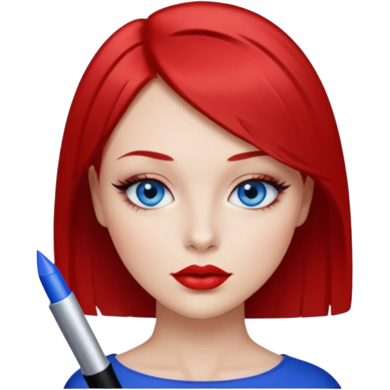 una chica con los labios y los ojos maquillados, de piel blanca con el pelo liso corto pelirrojo y ojos celeste emoji