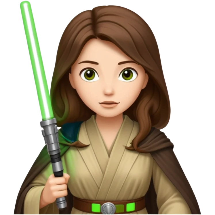 Ios 18 starwars theme ( jedi, robots etc..) long brown hair lady with lightaber green or red. Every one is alone. Not all in one emoji emoji