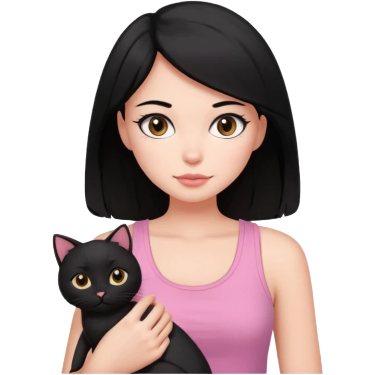 pretty woman with black hair and brown eyes, wearing a pink tank top, holding a black cat, simple and cute emoji
