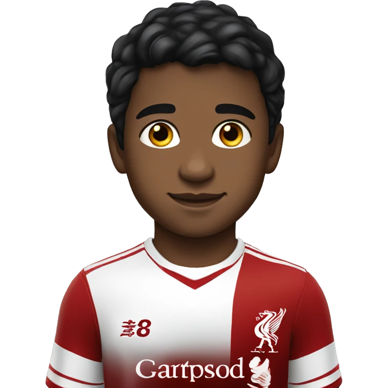 a little handsome boy in a Liverpool kit with black hair and brown skin. emoji
