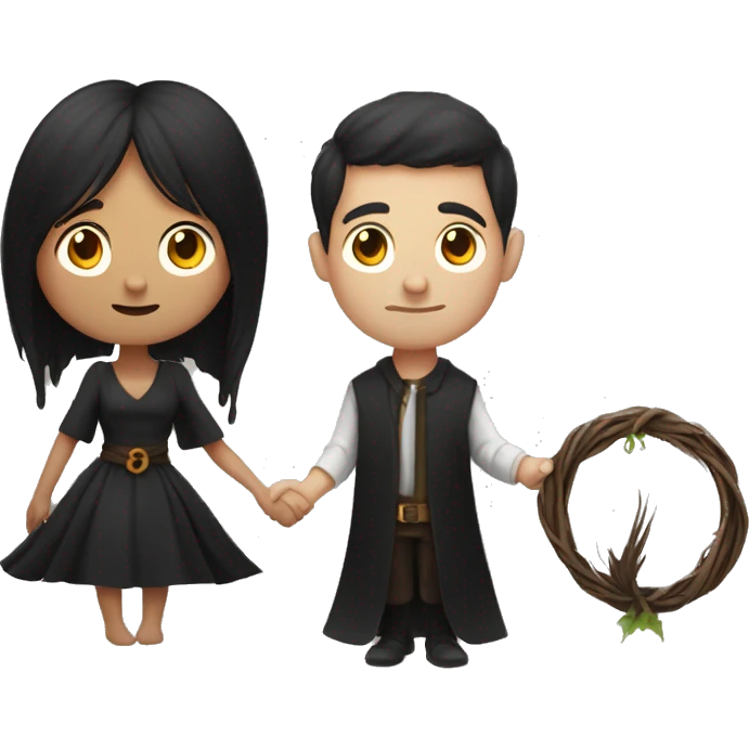 Witchy man with black hair and woman with brown hair hand fasting  emoji