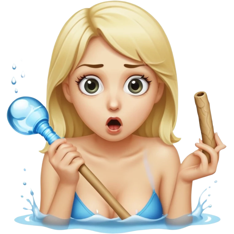 blond woman sitting on her knees with wide eyes, she's holding a thick short stick with a big knob, the stick is made of skin, water squirting from the knob into her mouth, shocked face emoji