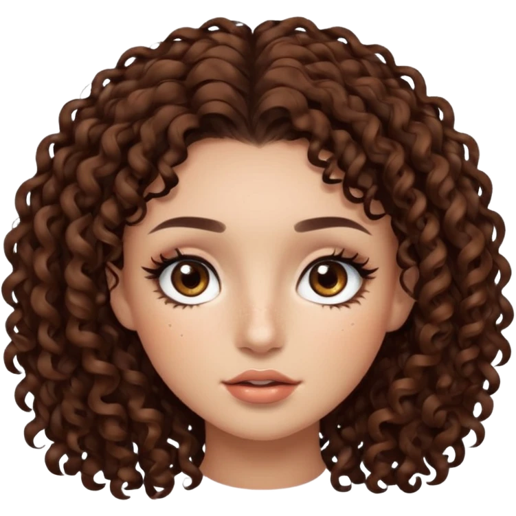 dark brown curly hair with dark brown eyes and too long lashes and some make up with freckle and light brown skin emoji