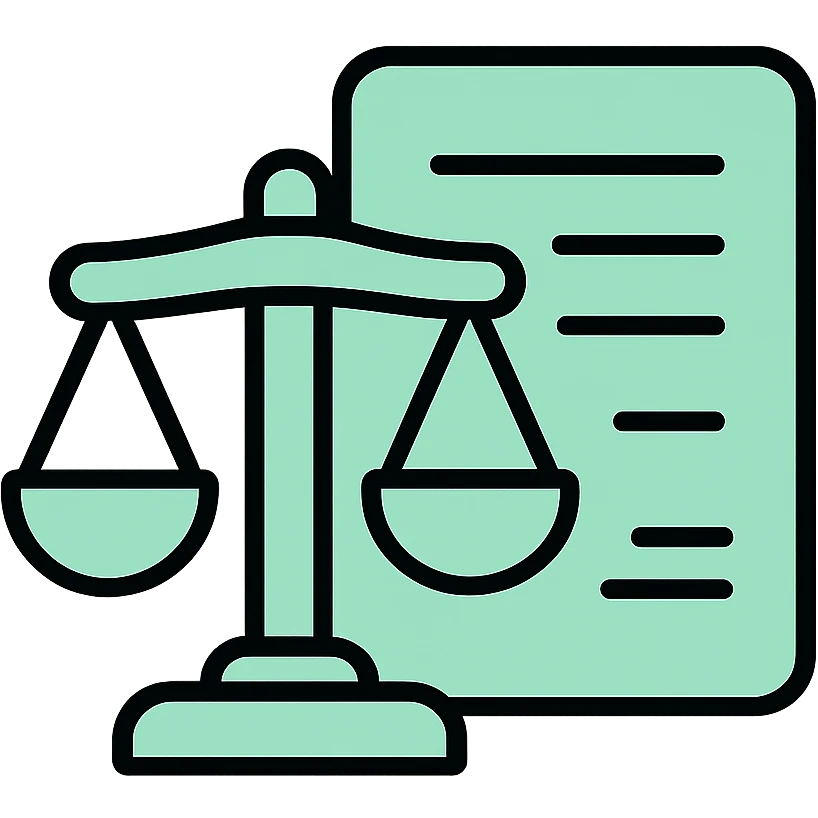 Administrative responsibility with scales of justice and document, fluid dimensional design, techy style, black outlines with mint green #B5F4D3 fills emoji