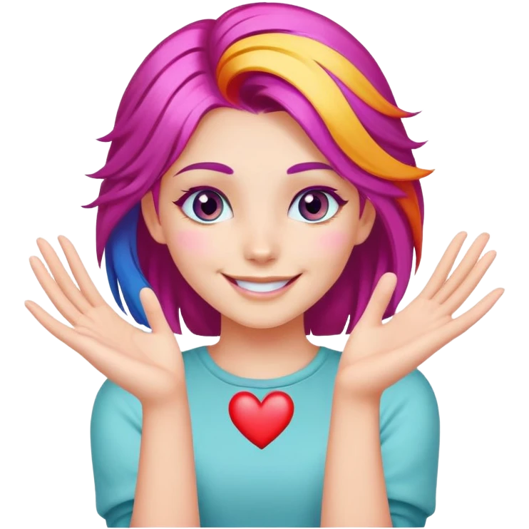 chica de cabello colorido y ojos coloridos sonriendo mientras crea un corazón con sus manos emoji