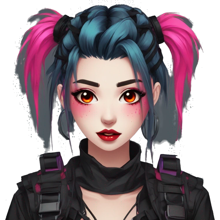 Gorgeous bright colorful neon gothic techwear anime style lady with blushing face aesthetic and pretty edgy black red punk messy hair with collar and harness trending style emoji