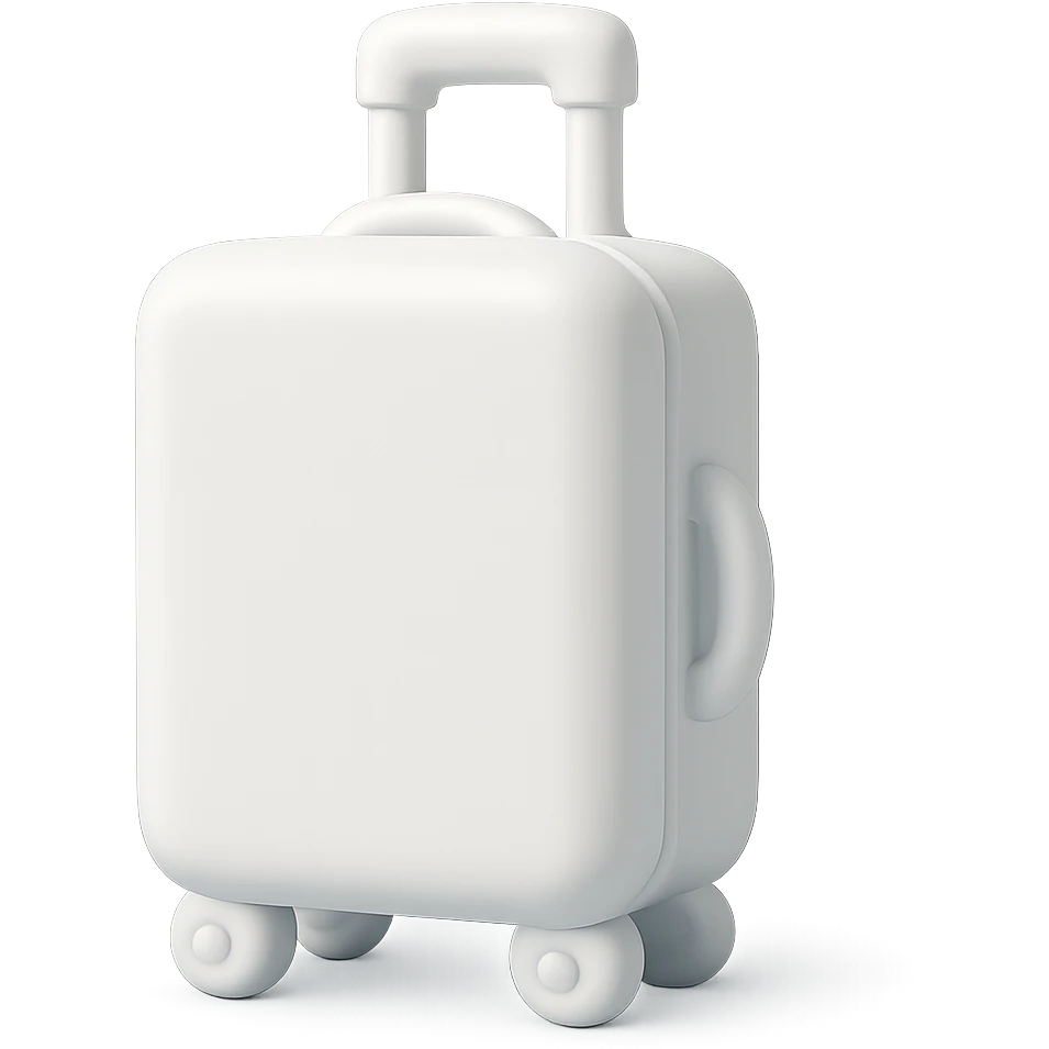 white realistic suitcase on wheels, vinyl figure style, soft shadows and highlights, pure white color, transparent background, no decoration emoji