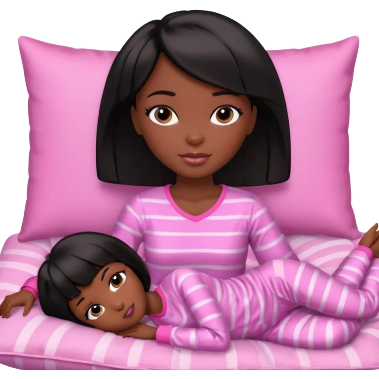 Dark skin Black barbie, short  black bob  hair, pink pajamas laying on pillow just me  emoji