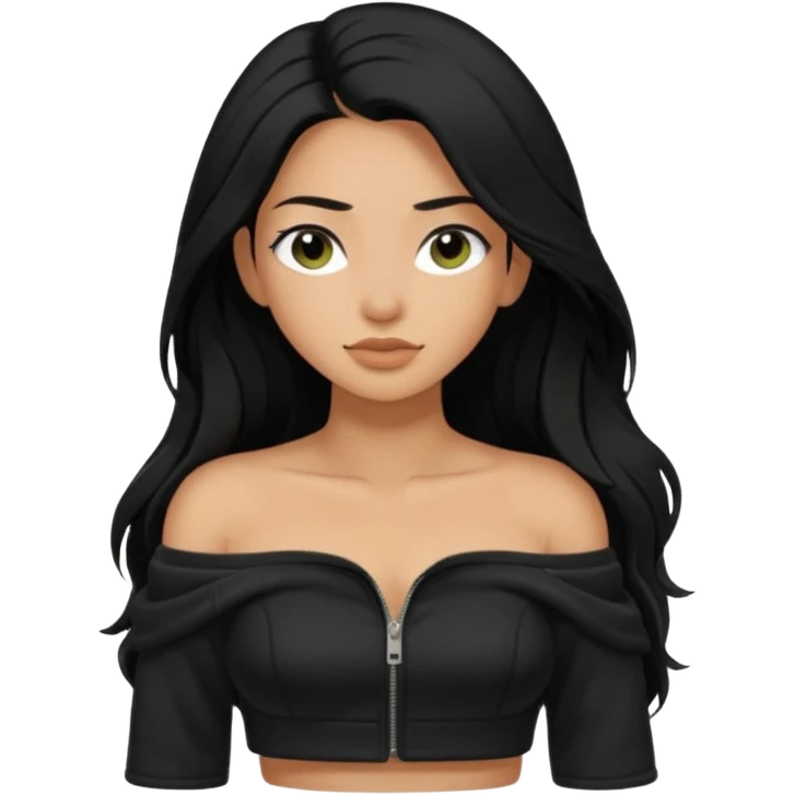 Siyah uzun saçlı siyah ceket  polar ceket ceket gevşek biraz omzundan çıkıyormuş gibi ve bugday ten rengi soltaraftaki omzundan çıkık sadece içinde de siyah crop var crop açık esmer esmer emoji