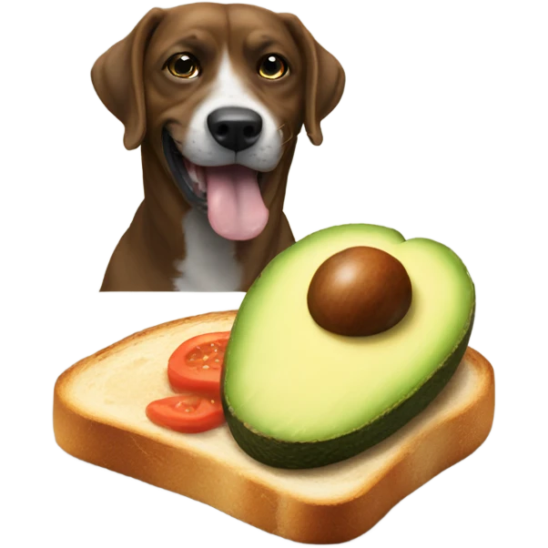 a dog eating a avocado toast whit a cofre emoji