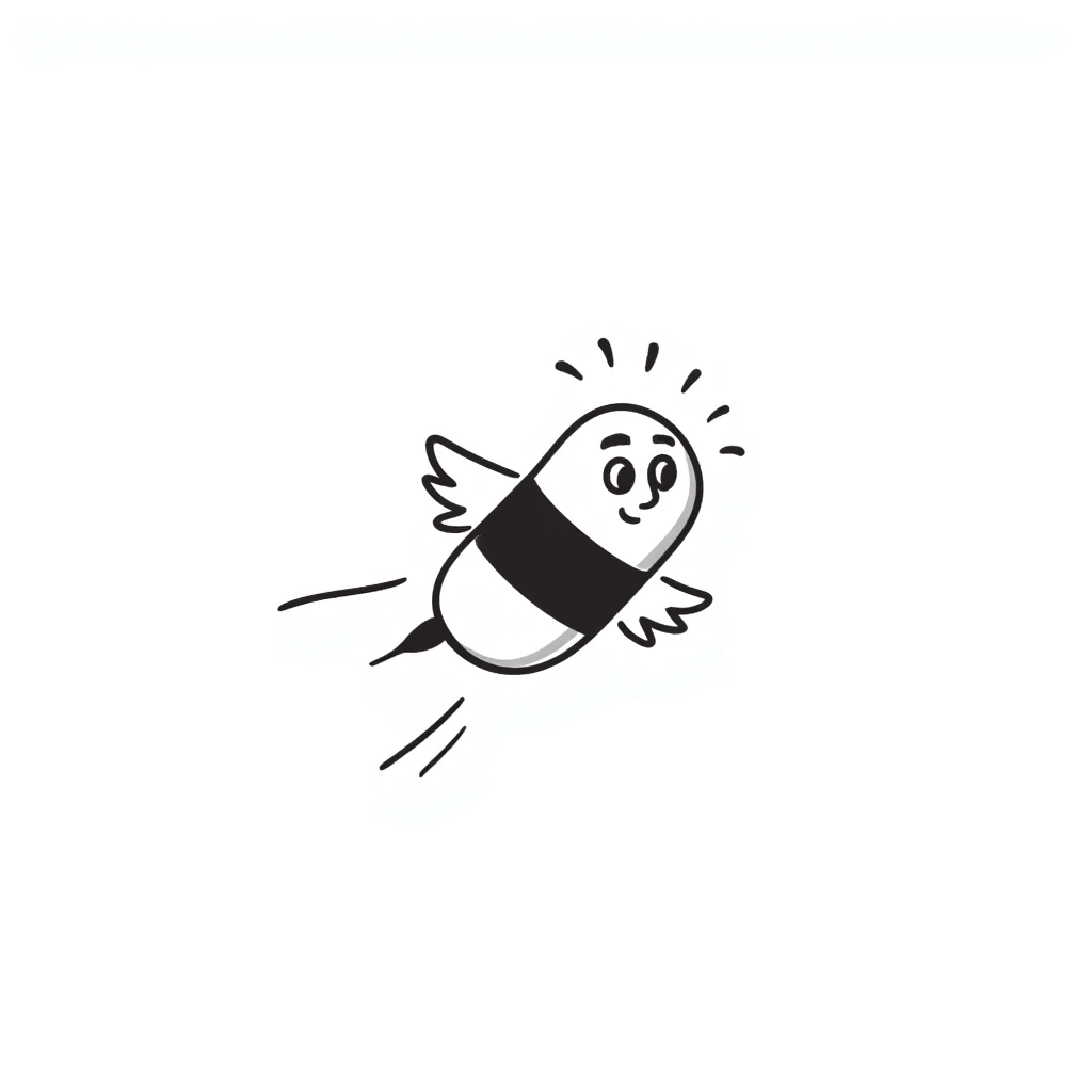 Medicine pill or capsule with small wings attached, flying through the air emoji