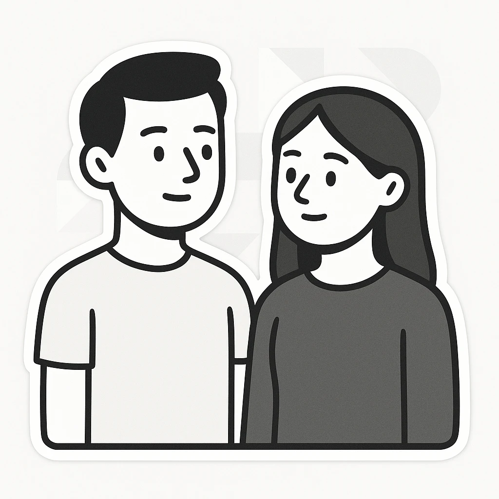 Sticker of Sasha and Yulia, two young lovers, in a minimalist and modern style, with simple shapes and muted colors, standing side by side and looking at each other, with a background of a geometric pattern or an abstract design. emoji