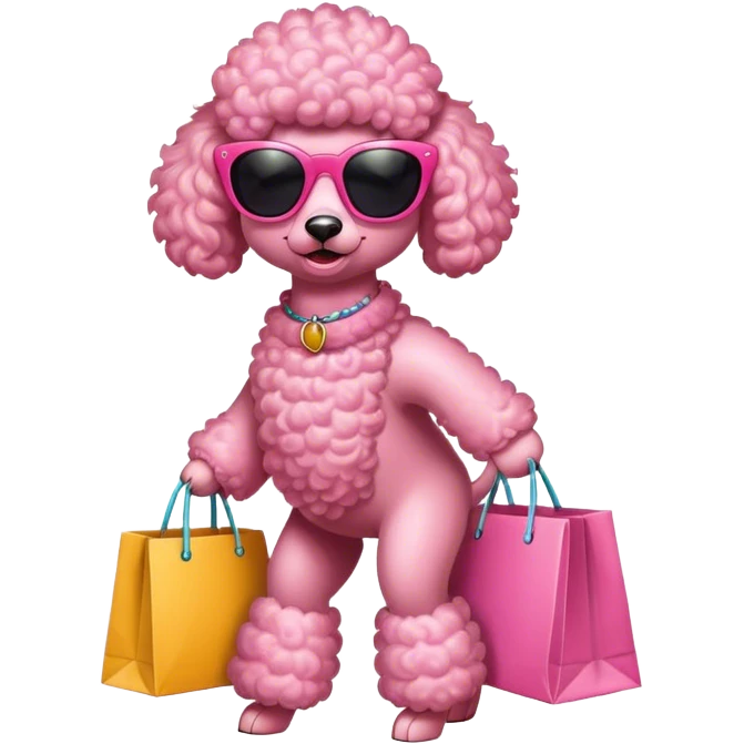 Pink poodle wearing sunglasses walking with shopping bags emoji