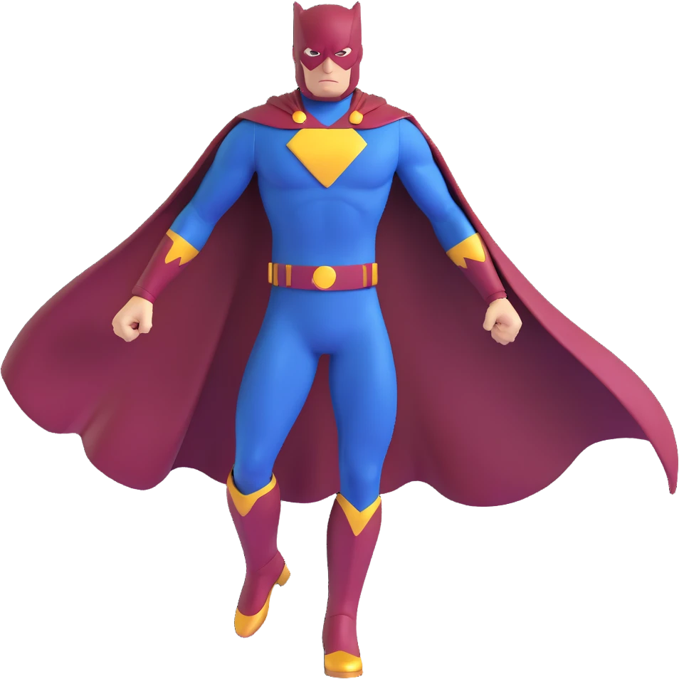 superhero in dark blue and maroon bodysuit with gold accents, digital cape, maroon boots, dynamic stance emoji