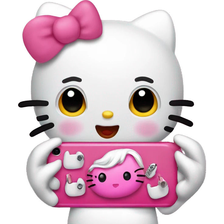 Hello kitty with long pink nails and big lips and is holding an iPhone and have long eyelashes  emoji