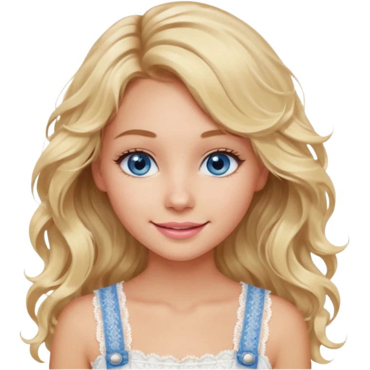 create an emoji of a young woman. She has a soft and gentle look, with long blonde messy but wavy hair, blue eyes, tanned skin, natural soft pink lips. she wears a very white lacy top with an overall emoji