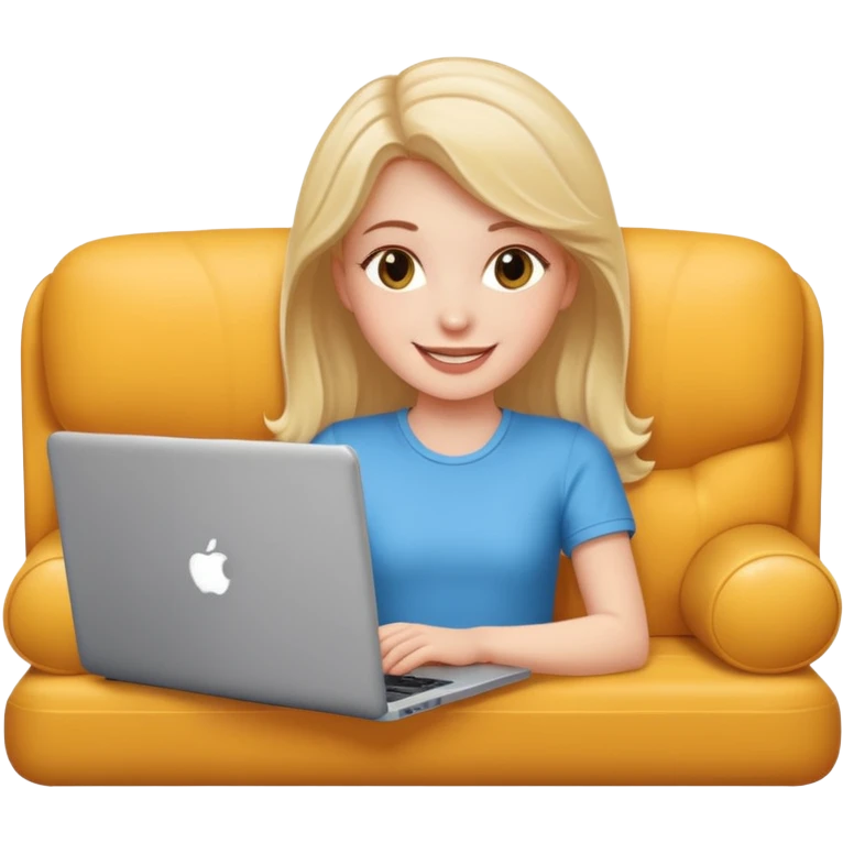 A white girl is lying on a sofa with a laptop emoji