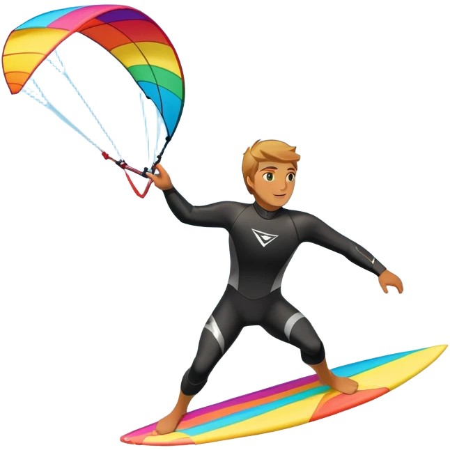 the sun shining and the ocean's waves splashing around. A kite surfer gliding across the ocean, with a colorful kite soaring high in the sky and the surfer carving through the waves. The scene captures the energy and freedom of the sport emoji