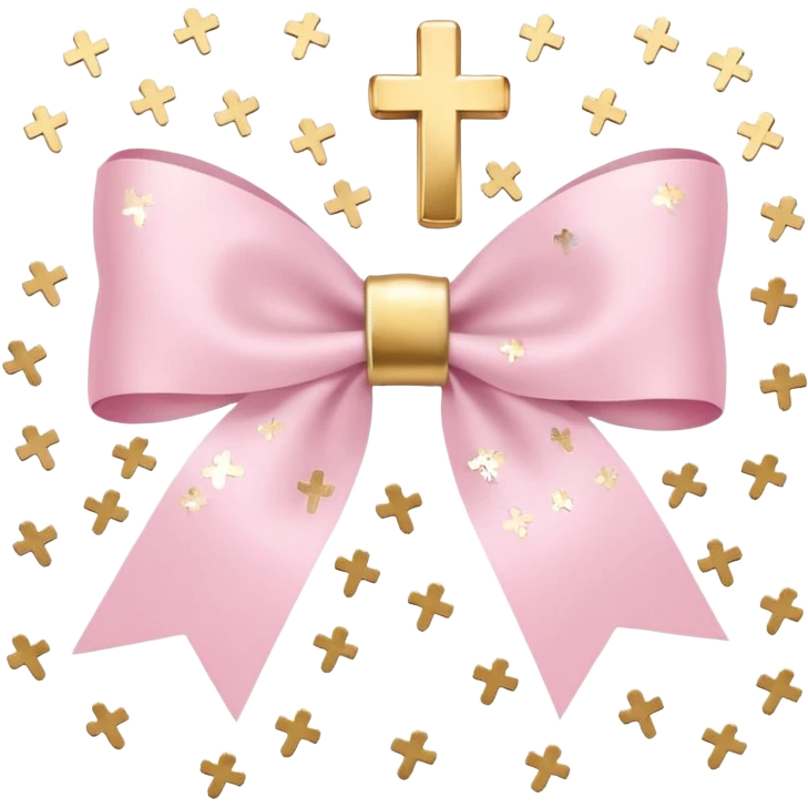 super pale pink bow confetti but the paper confetti are the pale pink bows all spread out with white tiny glitter and then with golden crosses on it and a white band in the mjddle emoji