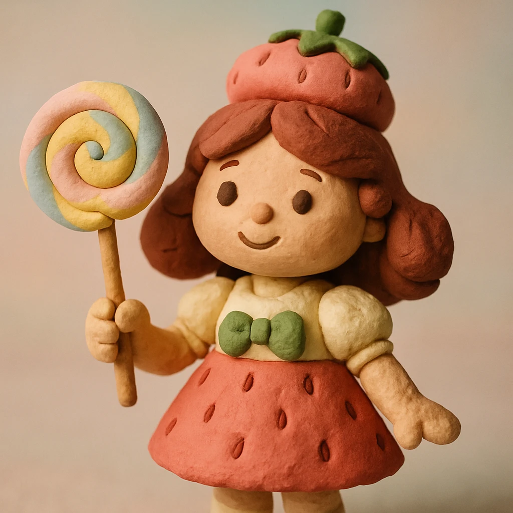little girl in a strawberry shortcake dress, holding a candy wand, pastel background, claymation style emoji