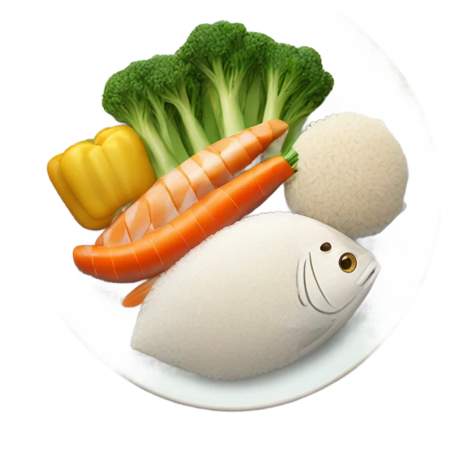 plate with vegetables, rice and fish emoji