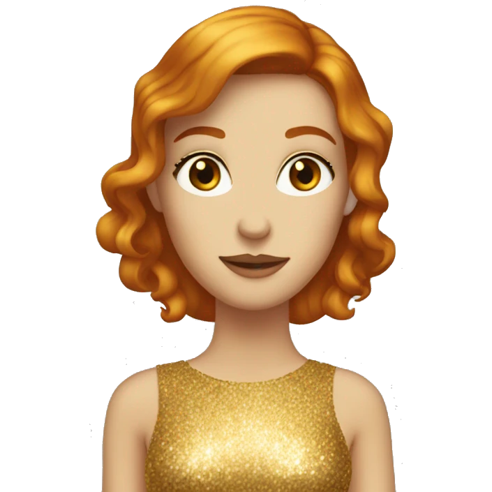 A red haired woman with hazel eyes wearing gold sparkly shiny dress emoji